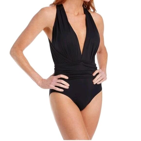 Badgley Mischka One-Piece Swimsuit Ruched Waist Deep Plunge Black Size 10 NWT - Picture 1 of 7